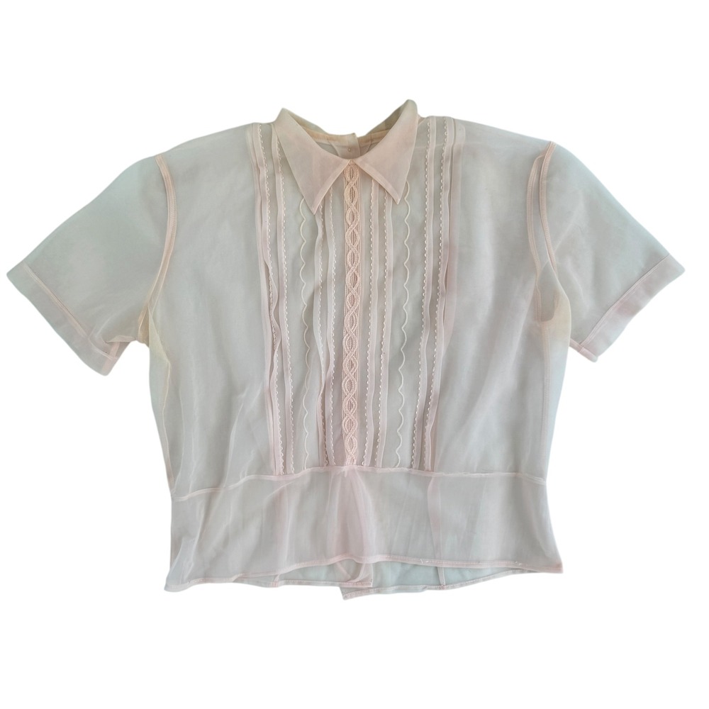 Vintage 1950s Sheer Chiffon Blouse Embroidered Pintuck Button Up M Blush Pink
